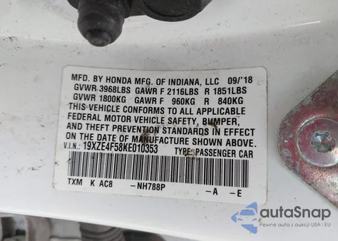 2019 Honda Insight Ex из США, поврежденный, VIN 19XZE4F58KE010353